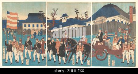 Foto di una processione di stranieri a Yokohama 2nd mesi, 1861 Utagawa Yoshikazu giapponese. Foto di una processione di stranieri a Yokohama. Utagawa Yoshikazu (giapponese, attivo ca. 1850–70). Giappone. 2nd mesi, 1861. Triptico di stampe a blocchi di legno; inchiostro e colore su carta. Periodo Edo (1615–1868). Stampa Foto Stock