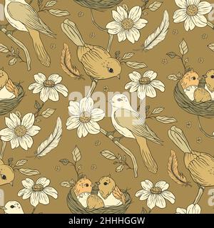 Vintage uccello boho floreale senza cuciture design Illustrazione Vettoriale