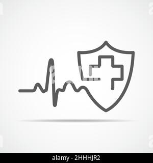 Icona di scudo con segnale di battito cardiaco e croce medica, isolato. Illustrazione vettoriale. Concetto di protezione cardiologica Illustrazione Vettoriale