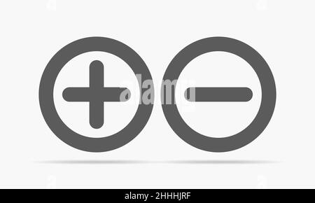 Grigio più meno. Illustrazione vettoriale. Icone rotonde più e meno su sfondo chiaro. Illustrazione Vettoriale