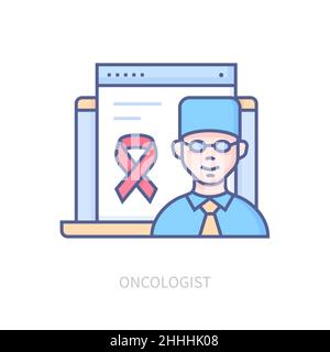 Oncologo - icona di stile moderno e colorato su sfondo bianco. Accurata immagine dettagliata di un medico professionista che è pronto a dare consigli e. Illustrazione Vettoriale