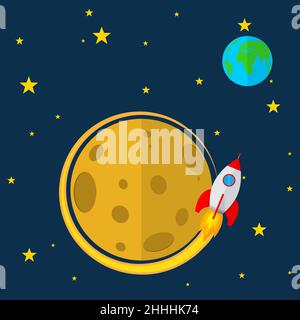 Rocket vola attraverso lo spazio. Illustrazione Vettoriale. Veicolo spaziale, la terra e la luna Illustrazione Vettoriale