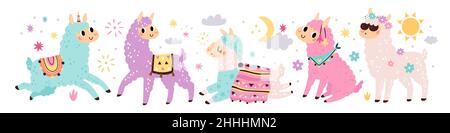 Simpatici lama. Personaggi divertenti sorridenti, soffici alpaca colorate con coperte a motivi geometrici, graziosi animali e nuvole, cammelli kawaii cartoon, bambini Illustrazione Vettoriale