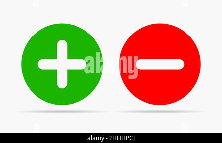 Verde più e rosso meno. Illustrazione vettoriale. Icone arrotondate più e meno su sfondo bianco. Illustrazione Vettoriale