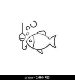 Gancio da pesca e icona linea di pesce. Segno di stile lineare per concetto mobile e web design. Pesce esca gancio contorno vettore icona. Simbolo, illustrazione del logo. V Illustrazione Vettoriale
