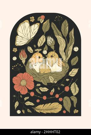 Vintage uccello nido , farfalla e rosa papavero fiori poster stampabile Illustrazione Vettoriale