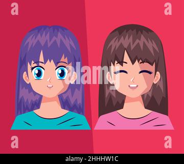 ragazze anime coppia personaggi Illustrazione Vettoriale