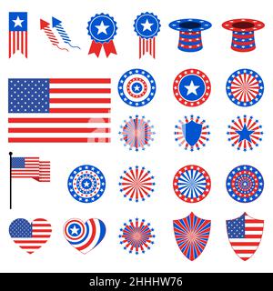 Set di icone piatta per il 4 luglio, giorno di indipendenza degli Stati Uniti. Illustrazione Vettoriale. Le icone in American color design Illustrazione Vettoriale
