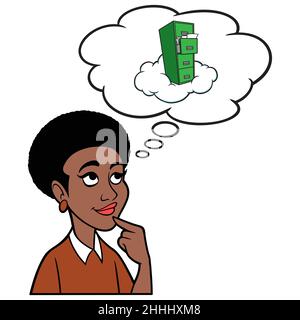 Black Woman Thinking About Cloud Computing Storage - un'illustrazione cartoon di una Black Woman Thinking About Cloud Computing Storage per la sua azienda. Illustrazione Vettoriale