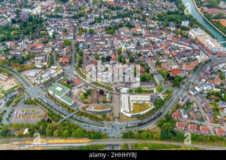 Vista aerea, vista sul centro della città di Dorsten, Platz-der-Deutsche-Einheit, REWE-Centre, , Dorsten, Ruhrgebiet, Renania settentrionale-Vestfalia, Germania, DE, Foto Stock