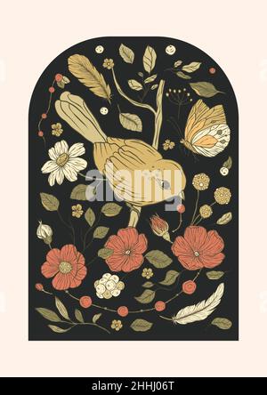 Uccello vintage, farfalla rosa papavero fiori poster stampabile Illustrazione Vettoriale