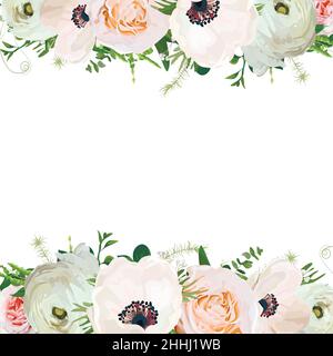 Fiore di vettore scheda quadrato design. La luce rosa Anemone, Ranunculus, eucalipto verde impianto stagionale di erbe mix di foglia. Elegante carino saluto poster, wedding Illustrazione Vettoriale