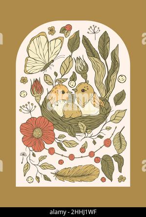 Nido d'uccello vintage con rosa papavero fiori poster stampabile Illustrazione Vettoriale
