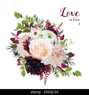 Flower round ariosa ghirlanda allentati bouquet di Rosa Rose Garden, borgogna dalia fiori rosso Anemone Astilbe, Agonis foglie verdi. Matrimonio alla moda di vettore c Illustrazione Vettoriale