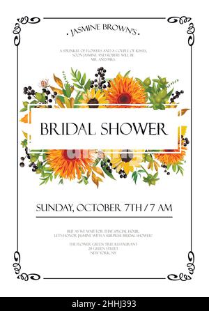 Doccia nuziale autunno vettore invito scheda design con arancio giallo girasole gerbera fiori, foglie caduta, bacche di cardo verde foglia erba mix, tex Illustrazione Vettoriale