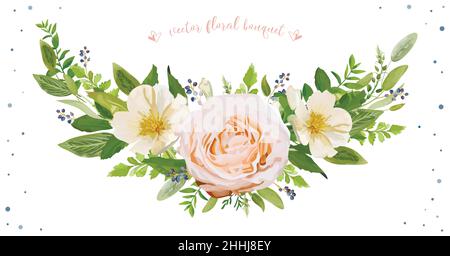 Fiore corona Bouquet vettore disegno oggetto elemento. Pesca, rosa rosa camellia bianca, foglie di salvia d'argento, frutti di bosco blu privet mix di erbe. Saluto carino f Illustrazione Vettoriale