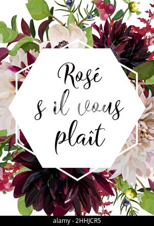 Vettore floreale carta design rosa rosa borgogna Dahlia fiori Anemone rosso Astilbe Agonis verde ginepro foglie di bacca. Invito vettore di nozze, illustrazione Illustrazione Vettoriale