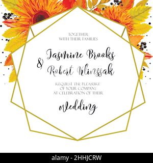 Invito di nozze, carta di invito Design con arancio luminoso gerbera autunno fiore caduta rosso giallo foresta albero foglie privet nero bacca rowan frassino foglia b Illustrazione Vettoriale