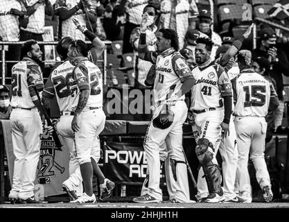 MAZATLAN, MESSICO - FEBBRAIO 05: Ronald Guzman di Las Aguilas Cibaeñas celebrata carrera con Róbeles Garcia #15, i giocatori della Repubblica Dominicana festeggiano l'uscita nel tabellone due corse a zero su Los Federales de Chiriqui, Durante una partita tra Repubblica Dominicana e Panama come parte della Serie del Caribe 2021 al Teodoro Mariscal Stadium il 5 febbraio 2021 a Mazatlan, Messico. (Foto di Luis Gutierrez/ Norte Foto Foto Stock