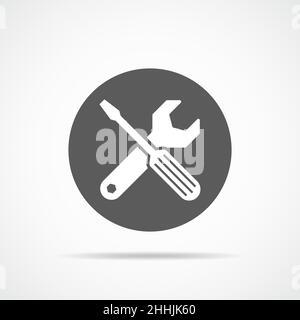 Strumenti bianchi in design piatto con lunga ombra. Illustrazione vettoriale. Semplice chiave e cacciavite sul pulsante rotondo. Illustrazione Vettoriale