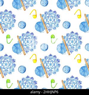Illustrazione dell'acquerello di un disegno di un crochet blu doily e di una matassa di filato. Artigianato, creatività, artigianato per tappezzeria, confezionamento, involucro, c Foto Stock