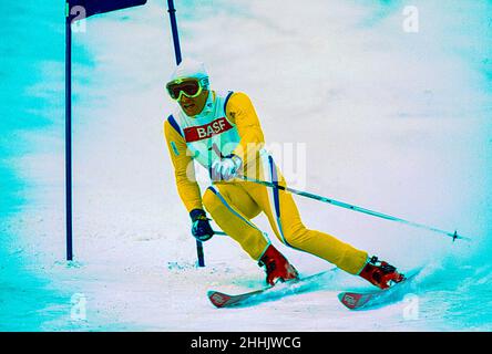 Ingemar Stenmark (SWE) in competizione nella gigantesca Coppa del mondo di Slalom a Les Diablerets, Svizzerie Foto Stock