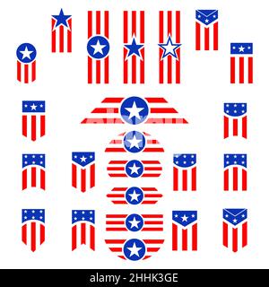 Set di icone piatta per il 4 luglio, giorno di indipendenza degli Stati Uniti. Illustrazione Vettoriale. Le icone in American color design Illustrazione Vettoriale