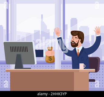 Un uomo d'affari gioioso di successo riceve un sacco di soldi dallo schermo del computer. Guadagna soldi online, successo finanziario, vinci il premio della lotteria. Vettore Illustrazione Vettoriale