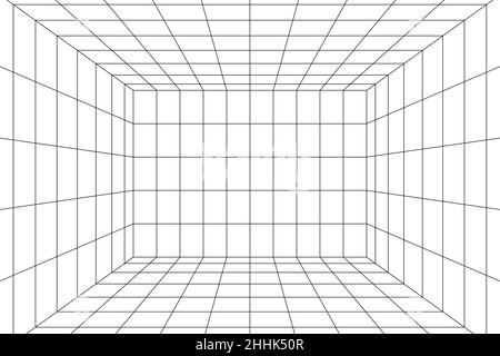 Griglia digitale a 3D punti dello spazio della stanza con una prospettiva unica. Sfondo bianco vuoto geometrico dello studio di cyberspazio. Immagine virtuale a tre dimensioni Illustrazione Vettoriale