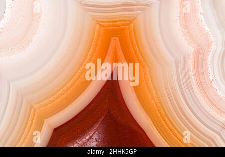 Macro di sfondo astratto di pietra d'agata con macchie e linee bianche e rosse Foto Stock