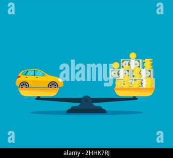 Bilancia in equilibrio con denaro e un'auto. Illustrazione di stile piatto vettoriale. EPS 10 Illustrazione Vettoriale