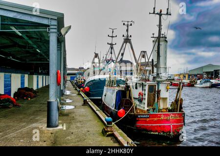 Barche da pesca legate sul molo a North Shields, Inghilterra. Foto Stock