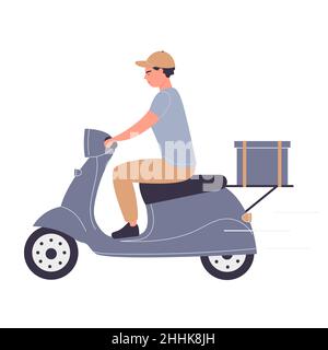 Consegna veloce di cibo Courier a cavallo scooter. Trasporto espresso degli ordini dei clienti on-line cartoon illustrazione vettoriale Illustrazione Vettoriale