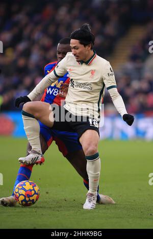 Londra, Regno Unito. 23rd Jan 2022. Takumi Minamino di Liverpool in azione. Premier League match, Crystal Palace contro Liverpool allo stadio Selhurst Park di Londra domenica 23rd gennaio 2022. Questa immagine può essere utilizzata solo per scopi editoriali. Solo per uso editoriale, licenza richiesta per uso commerciale. Nessun uso in scommesse, giochi o un singolo club/campionato/player pubblicazioni. pic di Steffan Bowen/Andrew Orchard sport fotografia/Alamy Live news credito: Andrew Orchard sport fotografia/Alamy Live News Foto Stock