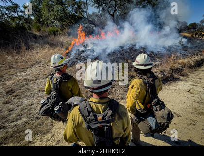 I funzionari della Joint base di San Antonio, Natural Resources Office, Fire & Emergency Services, e della Air Force Wildland Fire Branch, conducono una scottatura prescritta, il 19 gennaio 2022, alla Joint base di San Antonio-Camp Bullis, Texas. Il processo si concentrerà su più di 1.700 acri di terre selvatiche su JBSA-Camp Bullis a partire dal 18 gennaio 26. La combustione è destinata a ridurre i carichi di combustibile, come la vegetazione morta e la spazzola spessa, che ridurranno il rischio di incendi boschivi futuri, potenzialmente catastrofici. Base comune San Antonio Fire Emergency Services personale coordinato con il Bureau of Land Management, il Fish and Wildlife Servi Foto Stock