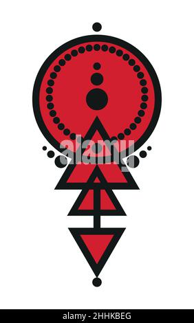 Tattoo geometrico astratto, disegno magico del logo, astrologia, alchimia, stile boho. Freccia rossa e nera segno mistico con forme geometriche. Vettore isolato Illustrazione Vettoriale