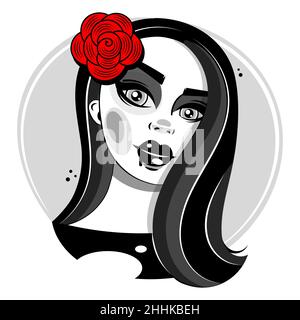 Dia de los muertos, giorno dei morti, festa messicana, festival. Poster, striscione e carta con il cranio di zucchero, donna con corona di fiori Illustrazione Vettoriale