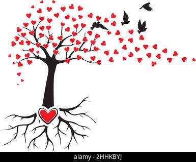 Illustrazione dell'albero d'amore con foglie di cuore e radice di cuore isolate su sfondo bianco e silhouette di uccelli volanti e foglie che soffiano nel vento Illustrazione Vettoriale