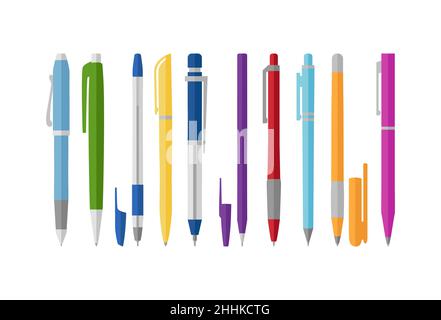 Collezione di penne diverse, stile piatto, illustrazione vettoriale Illustrazione Vettoriale