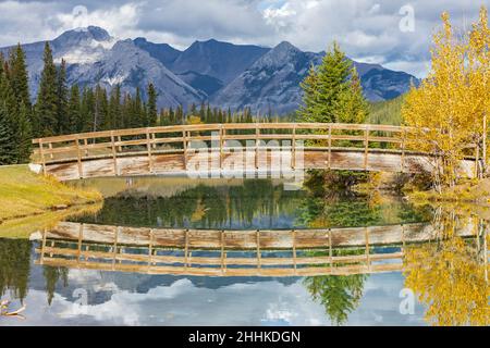 Paesaggio autunnale di una foresta e ponte di legno. Cascade Stagni e ponte in legno nella foresta autunnale, Banff, Alberta, Canada Foto Stock