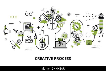 Moderno disegno piano sottile illustrazione vettoriale, concetto di processo creativo, definizione e ricerca problema, per grafica e web design Illustrazione Vettoriale