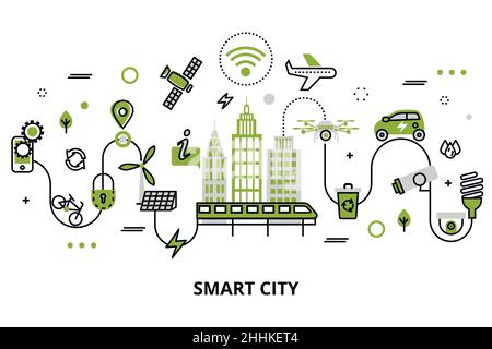 Design moderno a linea piatta, concetto di città intelligente, tecnologie del futuro e innovazioni urbane, per grafica e web design Illustrazione Vettoriale