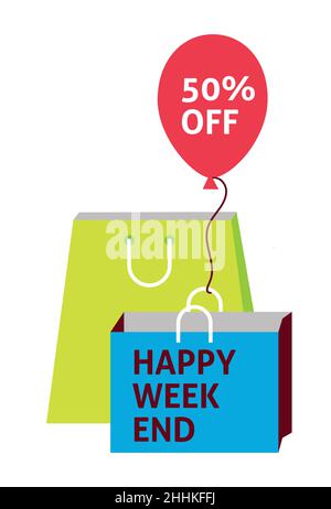 50% di sconto - etichetta Happy Week End, illustrazione vettoriale piatta per grafica e web design Illustrazione Vettoriale