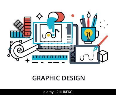 Illustrazione vettoriale di progettazione piatta e sottile, concetto infografico di progettazione grafica, elementi e strumenti di progettazione e processo di sviluppo del design, per Illustrazione Vettoriale