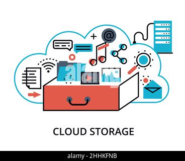 Illustrazione vettoriale di design a linea sottile e moderna, concetto di storage cloud computing, protezione delle reti di computer e archiviazione remota dei dati, per la grafica A. Illustrazione Vettoriale