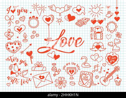 Composizione d'amore in stile doodle. Illustrazione vettoriale sullo sfondo delle celle Illustrazione Vettoriale