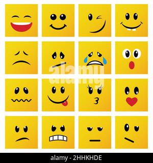 Set di emoticon e emoji quadrate gialle. Illustrazione vettoriale in stile piatto su sfondo bianco Illustrazione Vettoriale