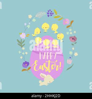 Carino Cartoon Illustrazione con uovo di Pasqua e pulcini Illustrazione Vettoriale