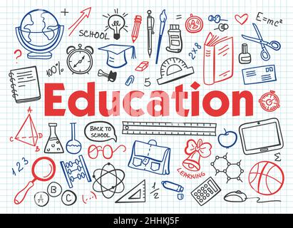 Illustrazione vettoriale disegnata a mano, insieme di istruzione, processo di istruzione, apprendimento in istituto educativo e articoli di attrezzatura di studio in doodle Illustrazione Vettoriale