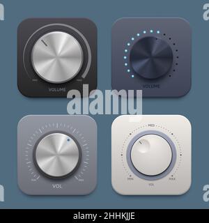 Icone dei pulsanti della manopola del volume della musica e dell'audio. Sintonizzatore tondo metallico, sistema audio stereo Vector 3D pulsante a manopola isolato per applicazioni mobili, interfaccia utente sito Web Illustrazione Vettoriale